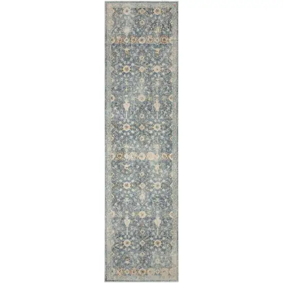 6' Teal Beige And Brown Floral Distressed Runner Rug Photo 7