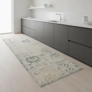 Photo of 8' Teal Beige And Brown Floral Distressed Runner Rug