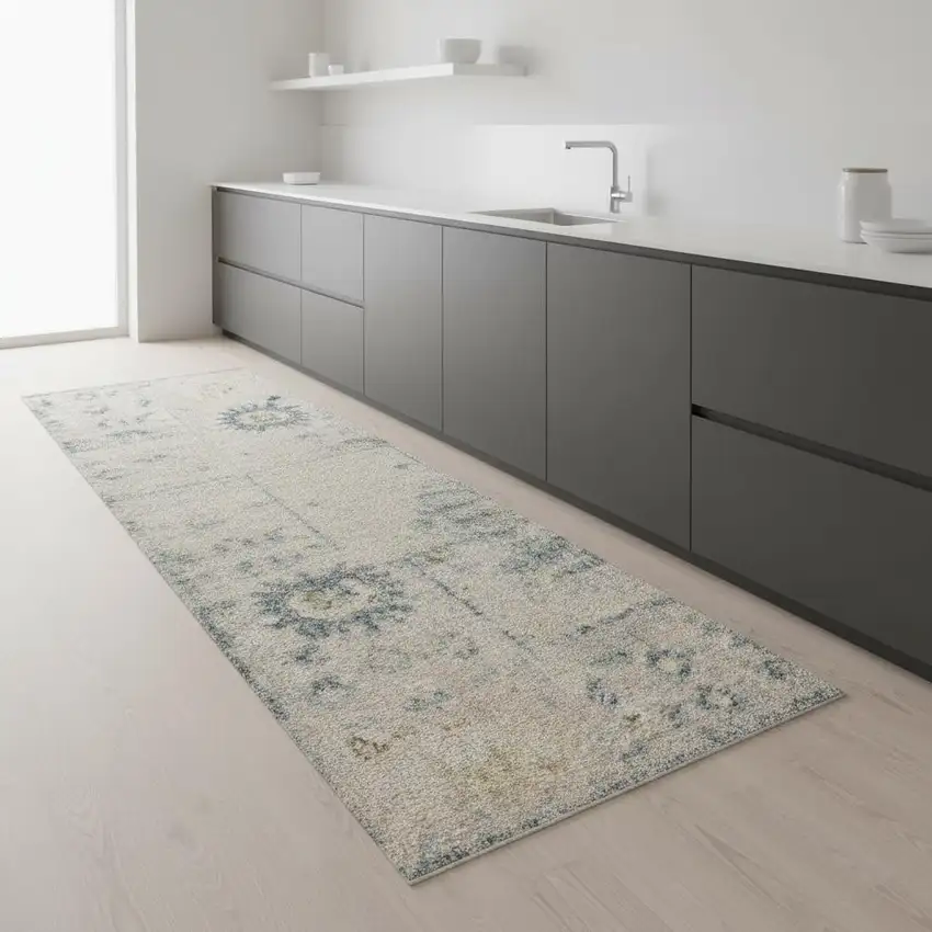 8' Teal Beige And Brown Floral Distressed Runner Rug Photo 1