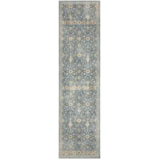 8' Teal Beige And Brown Floral Distressed Runner Rug Photo 6