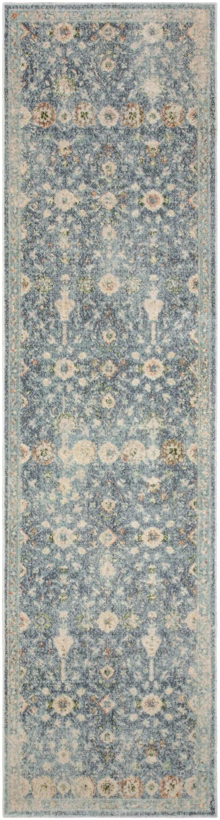 8' Teal Beige And Brown Floral Distressed Runner Rug Photo 6
