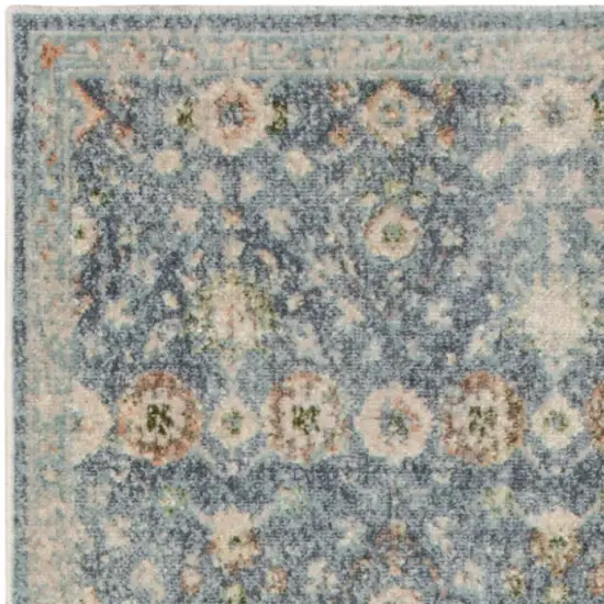 8' Teal Beige And Brown Floral Distressed Runner Rug Photo 8