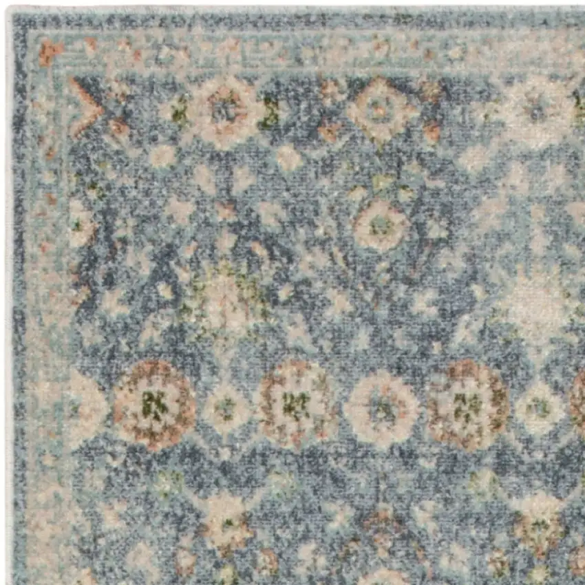 8' Teal Beige And Brown Floral Distressed Runner Rug Photo 8