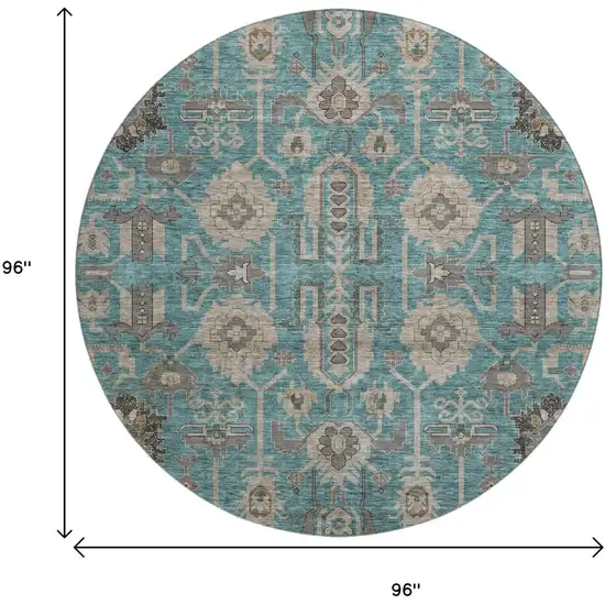 8' Teal Beige And Charcoal Oriental Washable Round Rug With UV Protection Photo 9