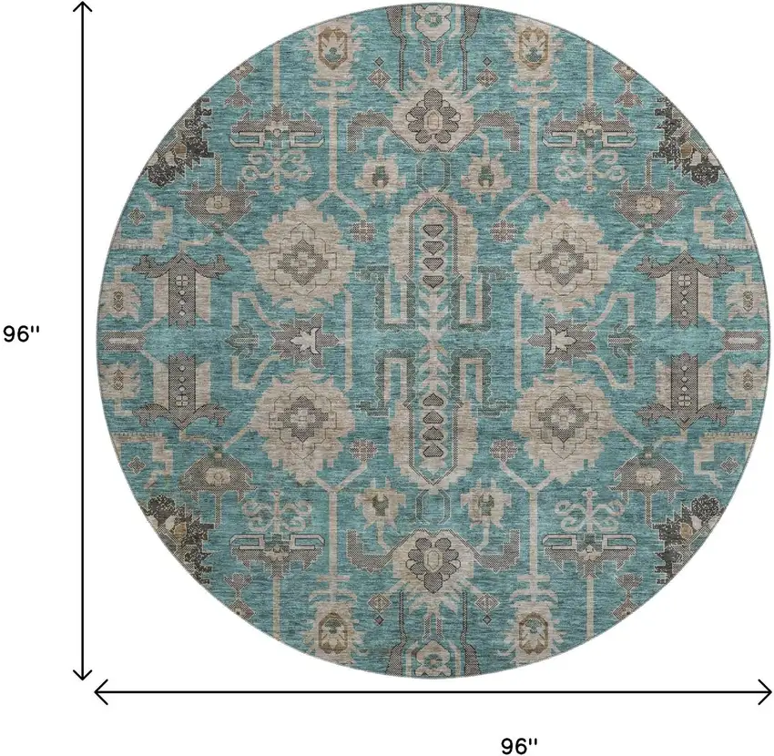 8' Teal Beige And Charcoal Oriental Washable Round Rug With UV Protection Photo 9