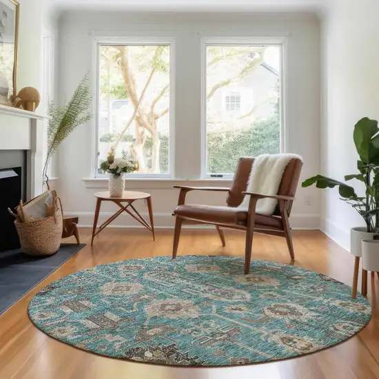8' Teal Beige And Charcoal Oriental Washable Round Rug With UV Protection Photo 4