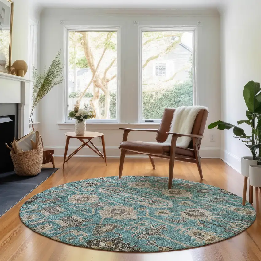 8' Teal Beige And Charcoal Oriental Washable Round Rug With UV Protection Photo 4