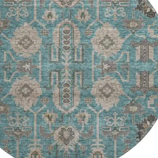 8' Teal Beige And Charcoal Oriental Washable Round Rug With UV Protection Photo 2