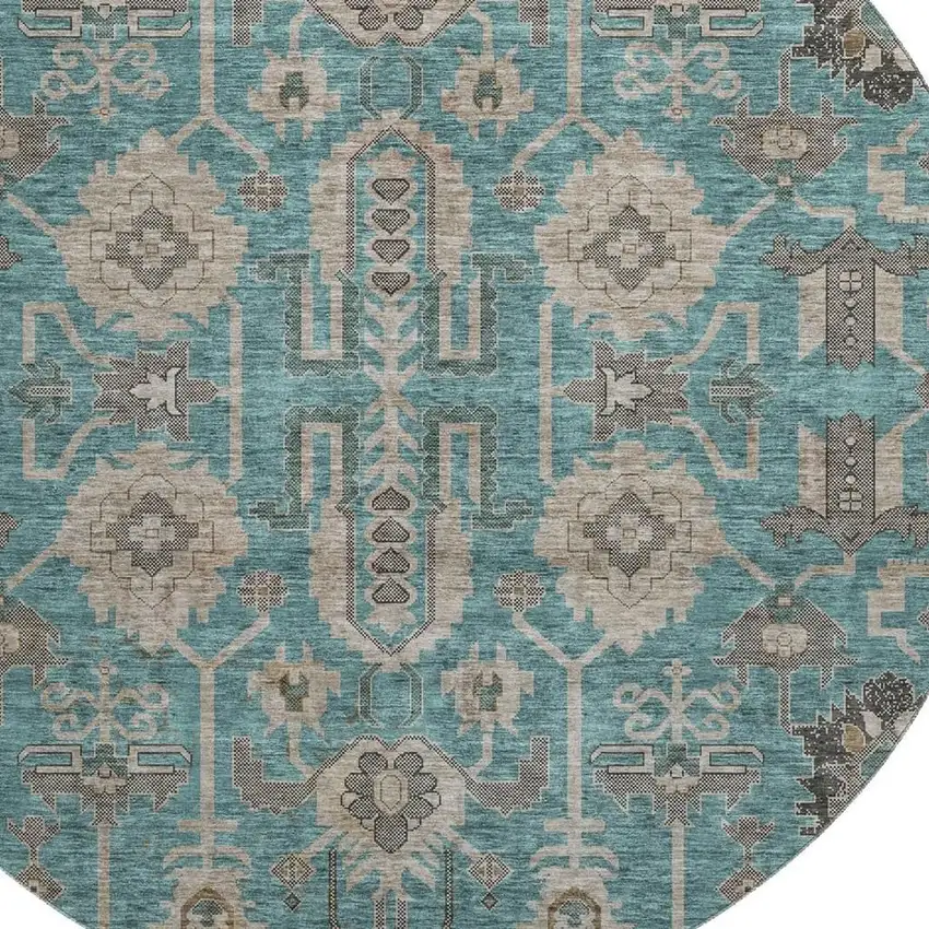 8' Teal Beige And Charcoal Oriental Washable Round Rug With UV Protection Photo 2