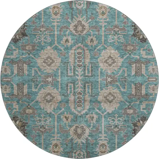 8' Teal Beige And Charcoal Oriental Washable Round Rug With UV Protection Photo 1