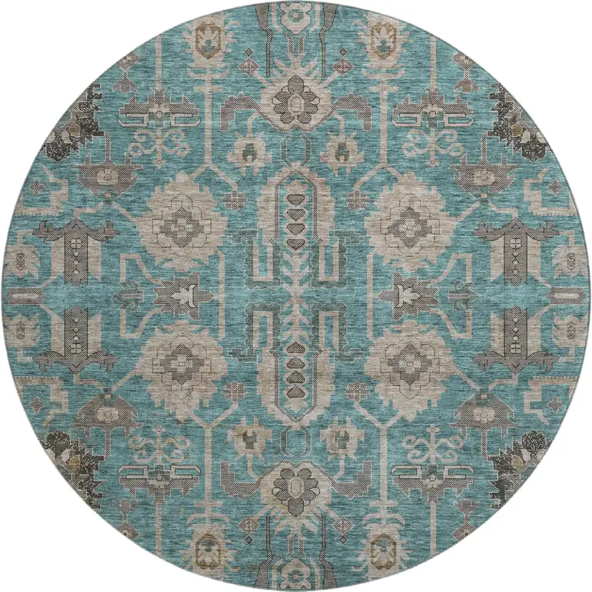 8' Teal Beige And Charcoal Oriental Washable Round Rug With UV Protection Photo 1