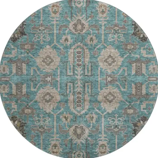 8' Teal Beige And Charcoal Oriental Washable Round Rug With UV Protection Photo 3