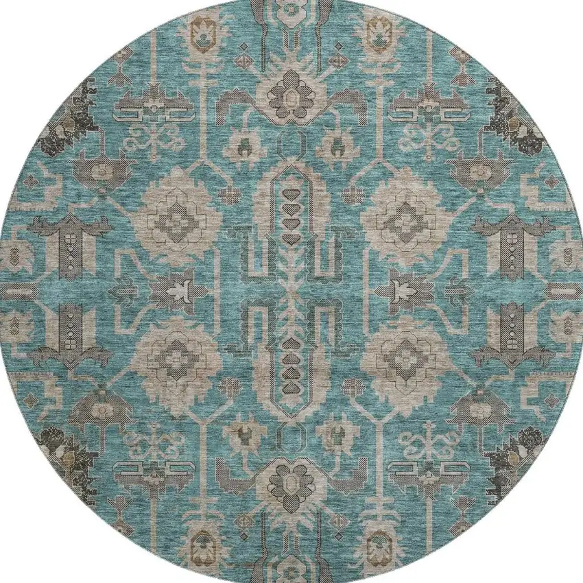 8' Teal Beige And Charcoal Oriental Washable Round Rug With UV Protection Photo 3