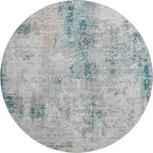 Photo of 8' Teal Beige And Copper Abstract Washable Round Rug With UV Protection