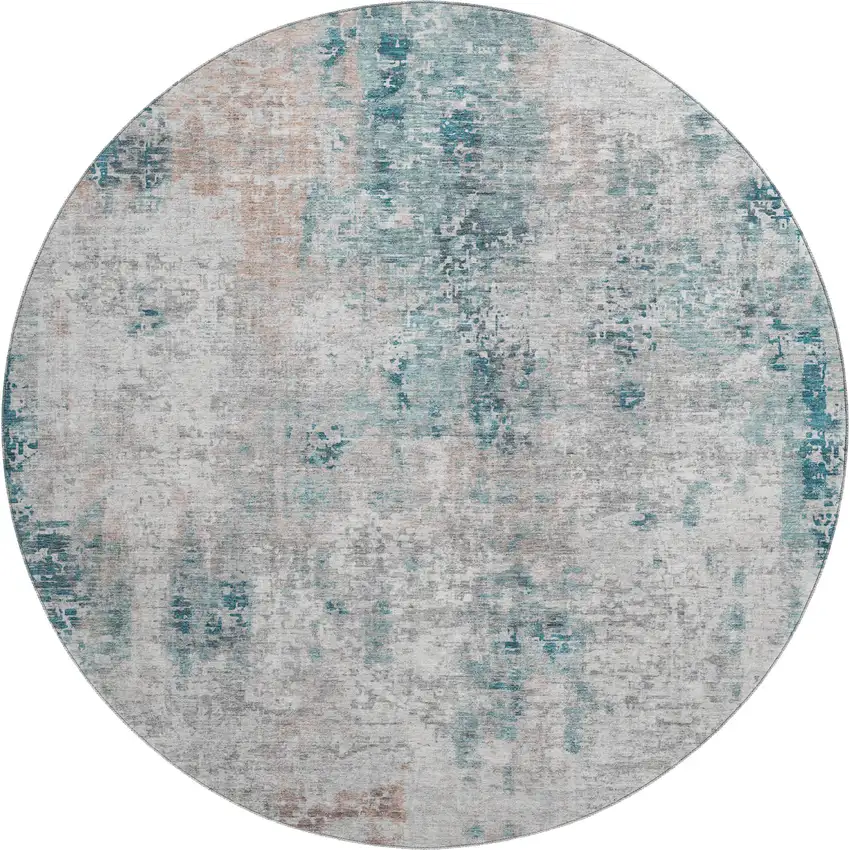 8' Teal Beige And Copper Abstract Washable Round Rug With UV Protection Photo 1