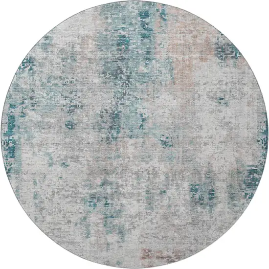 8' Teal Beige And Copper Abstract Washable Round Rug With UV Protection Photo 3