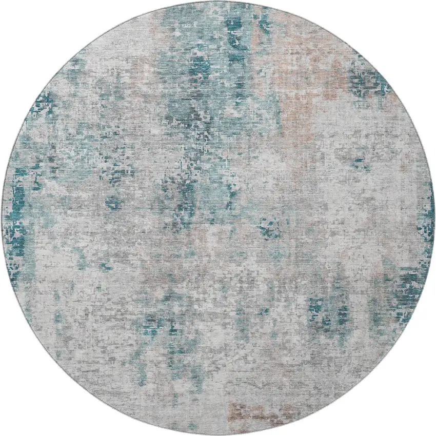 8' Teal Beige And Copper Abstract Washable Round Rug With UV Protection Photo 3