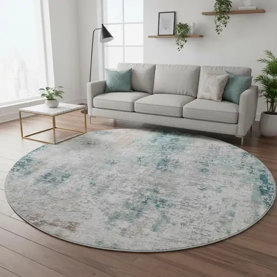 8' Teal Beige And Copper Abstract Washable Round Rug With UV Protection Photo 2
