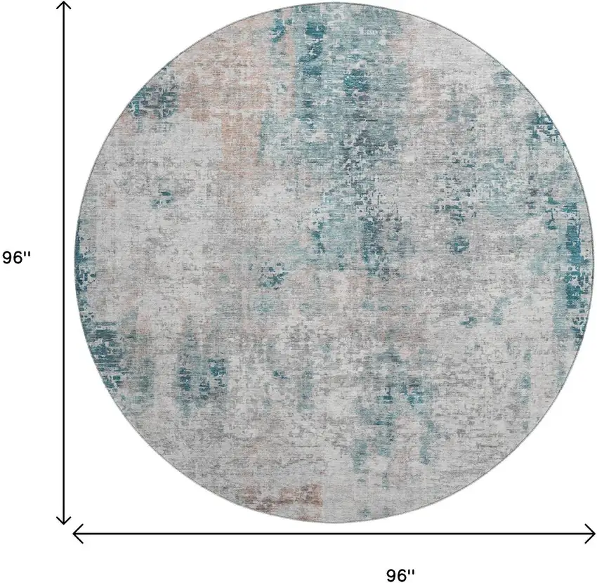 8' Teal Beige And Copper Abstract Washable Round Rug With UV Protection Photo 9
