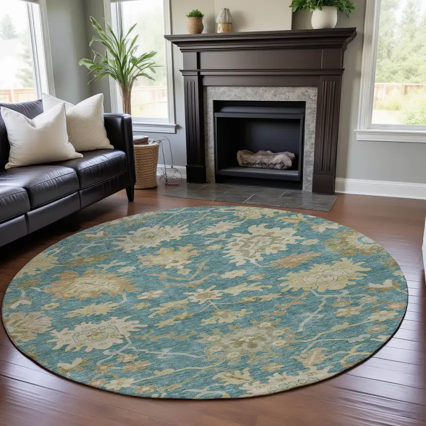 8' Teal Beige And Copper Floral Medallion Washable Round Rug With UV Protection Photo 4