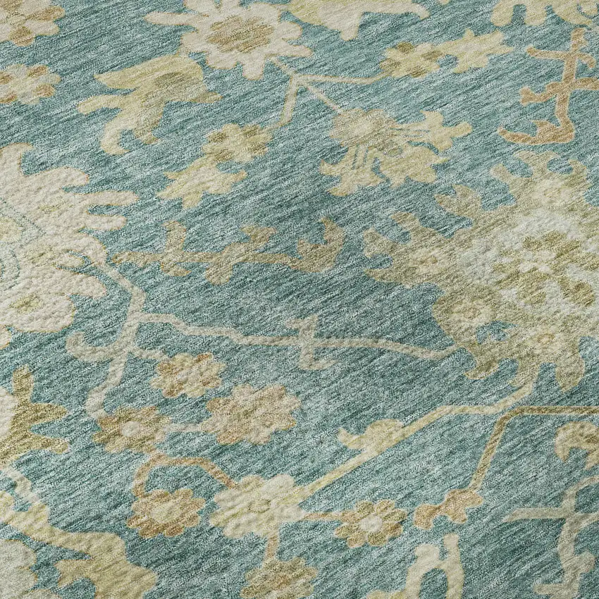 8' Teal Beige And Copper Floral Medallion Washable Round Rug With UV Protection Photo 8