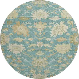 Photo of 8' Teal Beige And Copper Floral Medallion Washable Round Rug With UV Protection