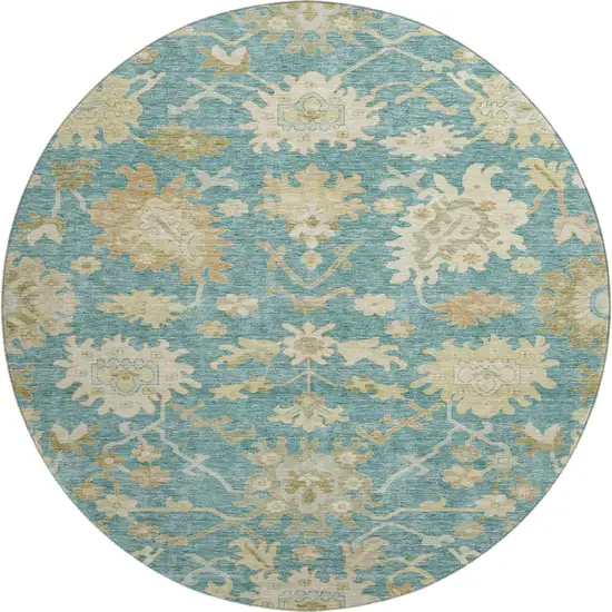8' Teal Beige And Copper Floral Medallion Washable Round Rug With UV Protection Photo 1