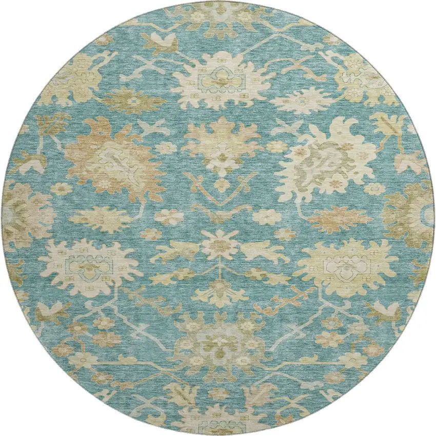 8' Teal Beige And Copper Floral Medallion Washable Round Rug With UV Protection Photo 1