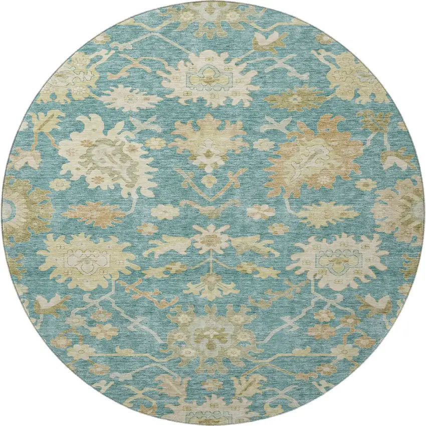 8' Teal Beige And Copper Floral Medallion Washable Round Rug With UV Protection Photo 3