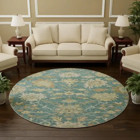 8' Teal Beige And Copper Floral Medallion Washable Round Rug With UV Protection Photo 2