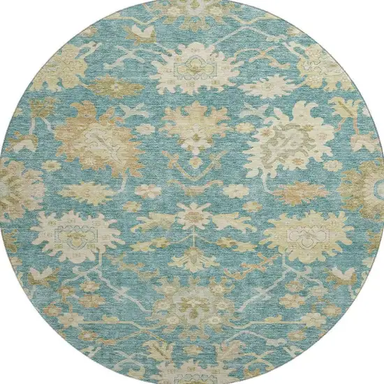8' Teal Beige And Copper Floral Medallion Washable Round Rug With UV Protection Photo 2