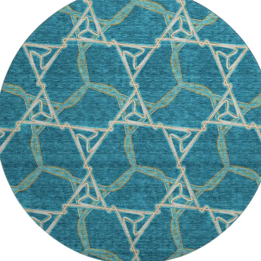 8' Teal Beige And Copper Geometric Washable Round Rug With UV Protection Photo 3