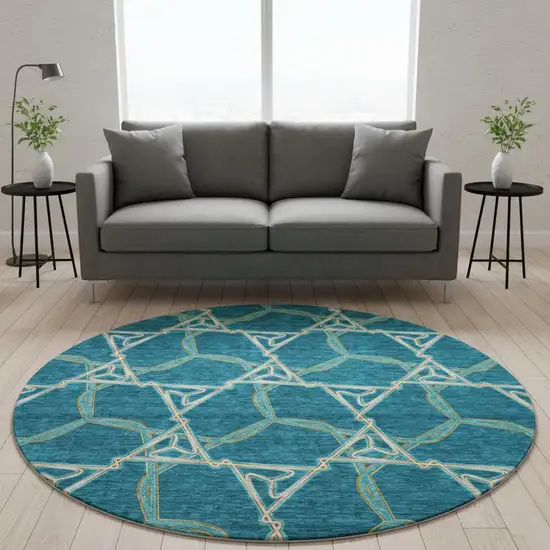 8' Teal Beige And Copper Geometric Washable Round Rug With UV Protection Photo 2