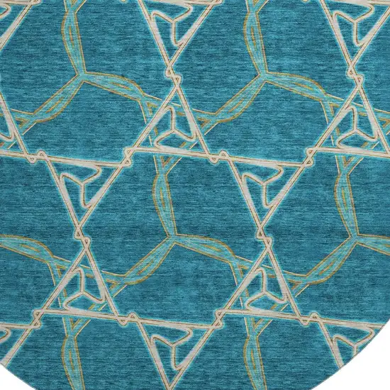 8' Teal Beige And Copper Geometric Washable Round Rug With UV Protection Photo 2