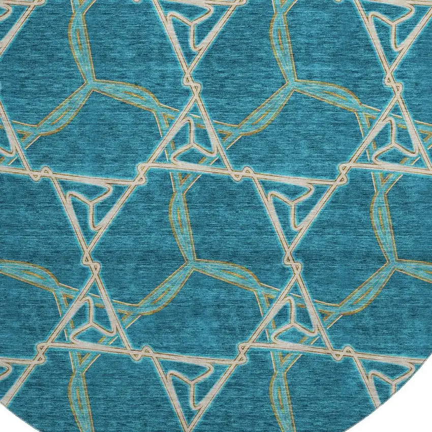 8' Teal Beige And Copper Geometric Washable Round Rug With UV Protection Photo 2