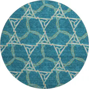 Photo of 8' Teal Beige And Copper Geometric Washable Round Rug With UV Protection