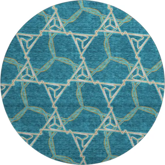 8' Teal Beige And Copper Geometric Washable Round Rug With UV Protection Photo 1