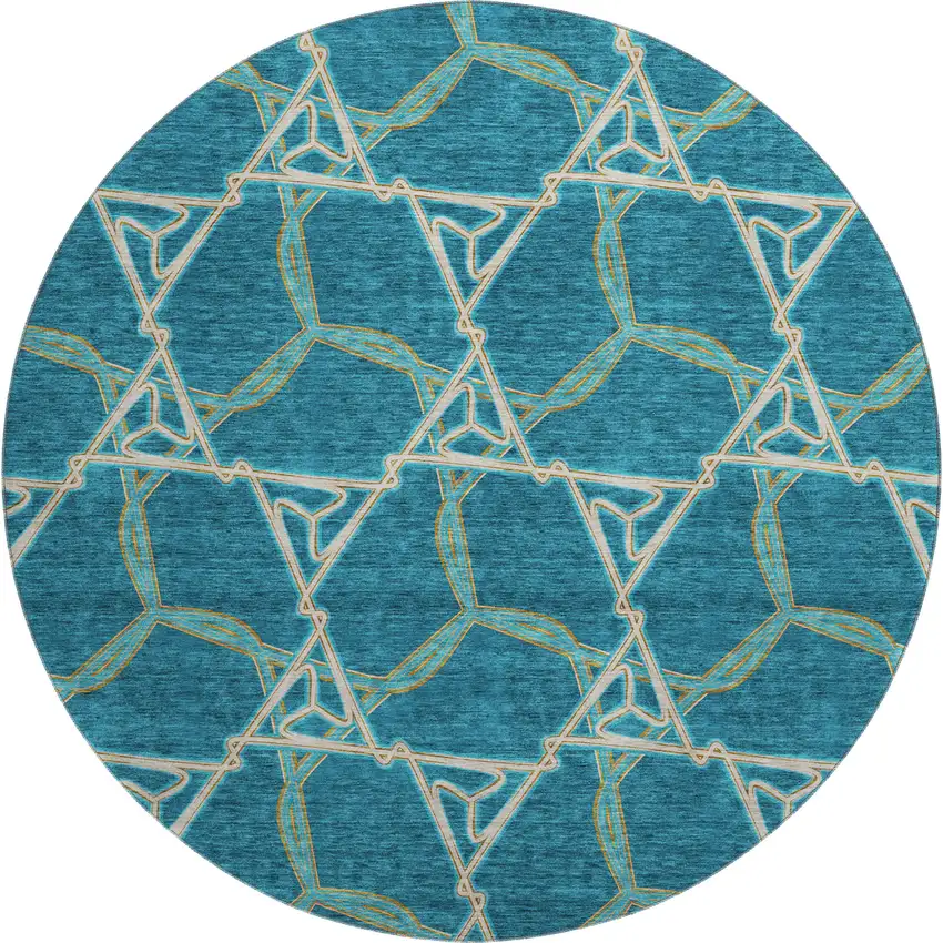 8' Teal Beige And Copper Geometric Washable Round Rug With UV Protection Photo 1