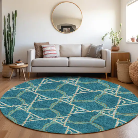 8' Teal Beige And Copper Geometric Washable Round Rug With UV Protection Photo 4