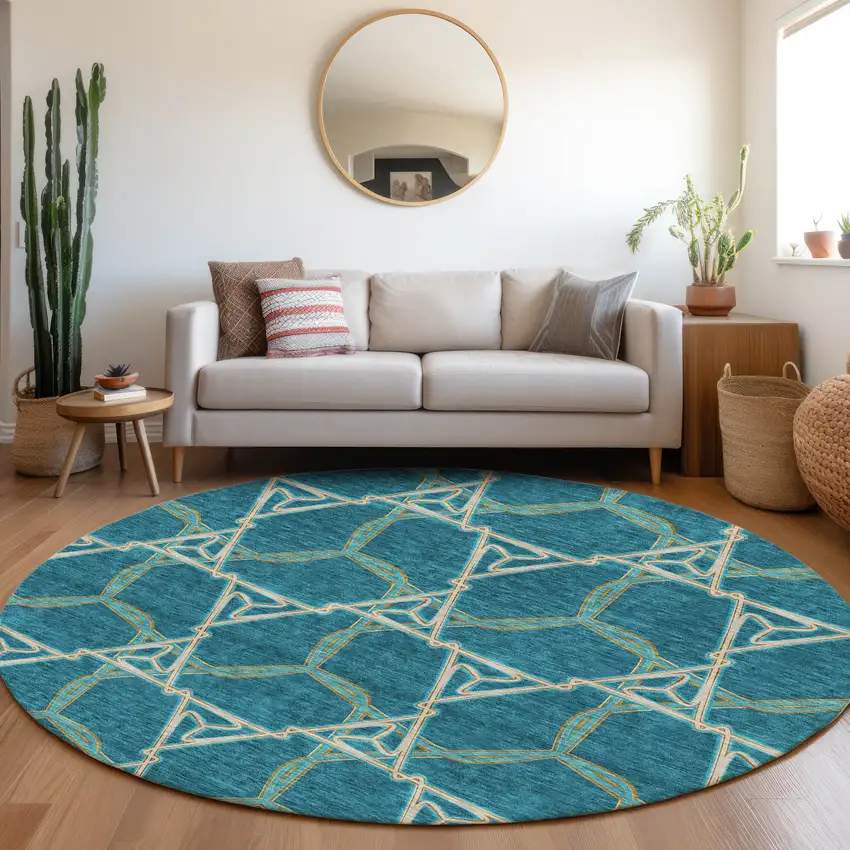 8' Teal Beige And Copper Geometric Washable Round Rug With UV Protection Photo 4