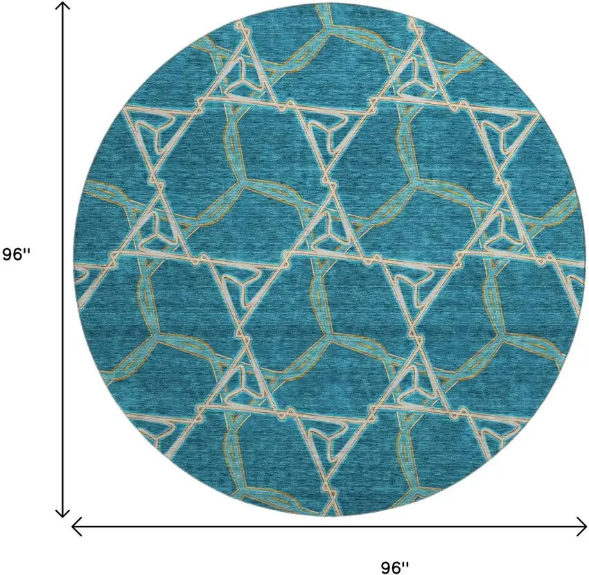 8' Teal Beige And Copper Geometric Washable Round Rug With UV Protection Photo 9