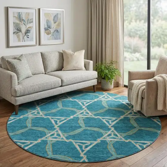 8' Teal Beige And Copper Geometric Washable Round Rug With UV Protection Photo 1