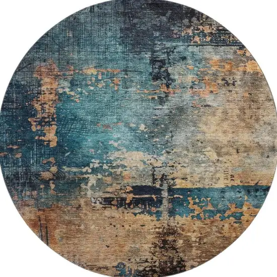 8' Teal Beige And Gray Abstract Washable Round Rug With UV Protection Photo 2