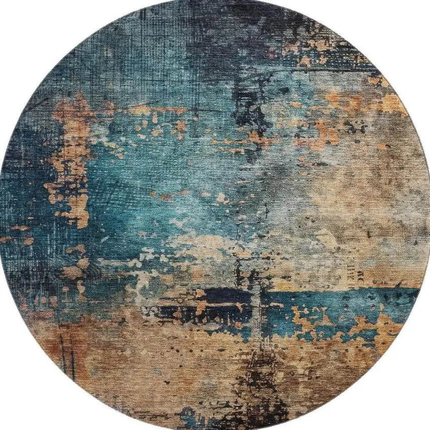 8' Teal Beige And Gray Abstract Washable Round Rug With UV Protection Photo 2
