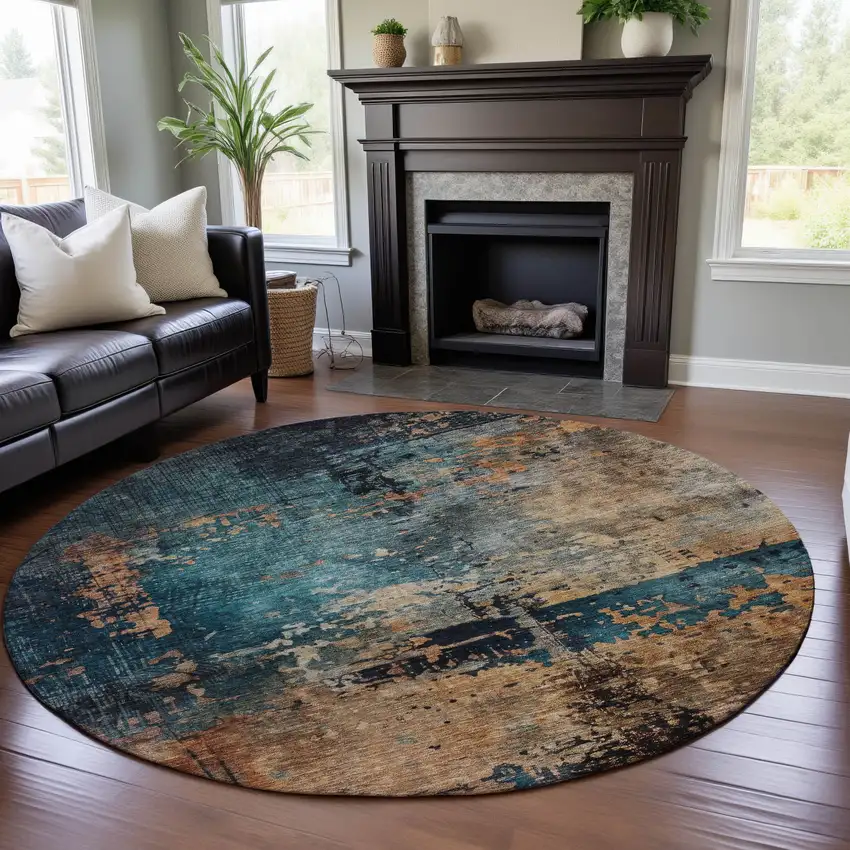 8' Teal Beige And Gray Abstract Washable Round Rug With UV Protection Photo 4