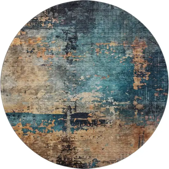 8' Teal Beige And Gray Abstract Washable Round Rug With UV Protection Photo 3