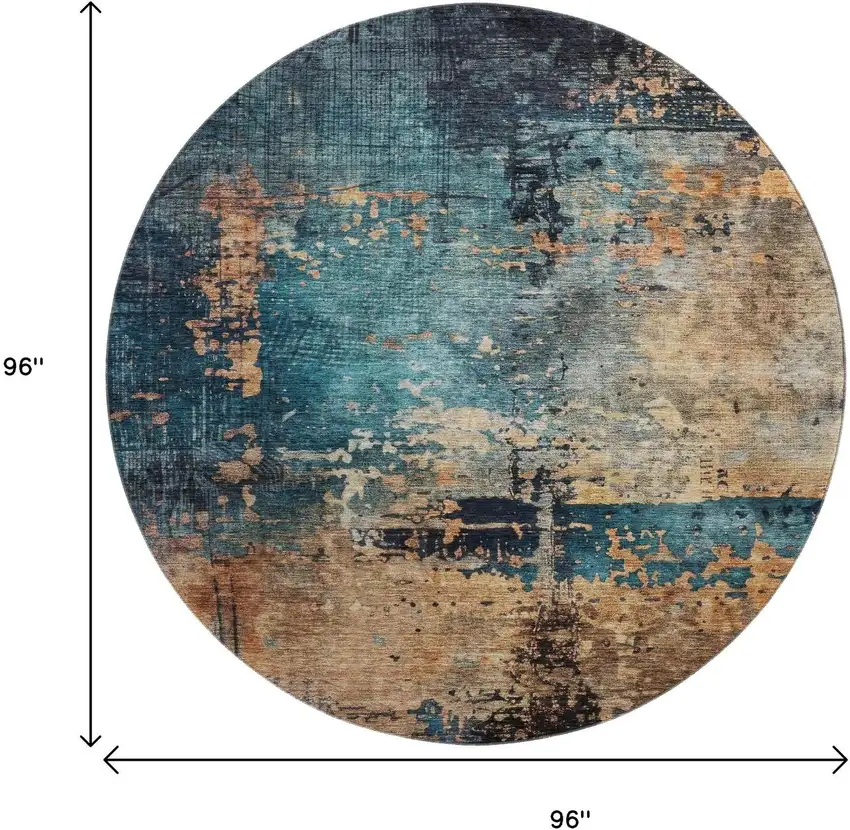 8' Teal Beige And Gray Abstract Washable Round Rug With UV Protection Photo 9