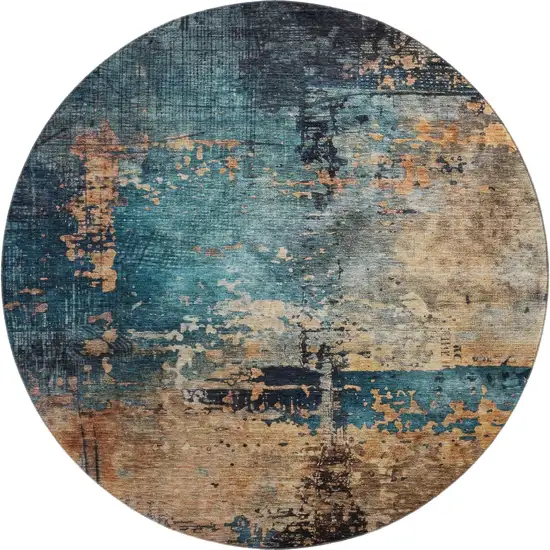 8' Teal Beige And Gray Abstract Washable Round Rug With UV Protection Photo 1