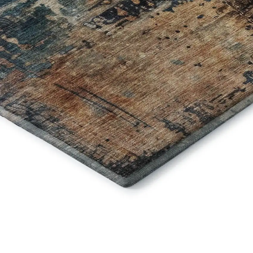 8' Teal Beige And Gray Abstract Washable Round Rug With UV Protection Photo 6