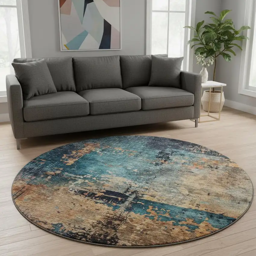 8' Teal Beige And Gray Abstract Washable Round Rug With UV Protection Photo 2